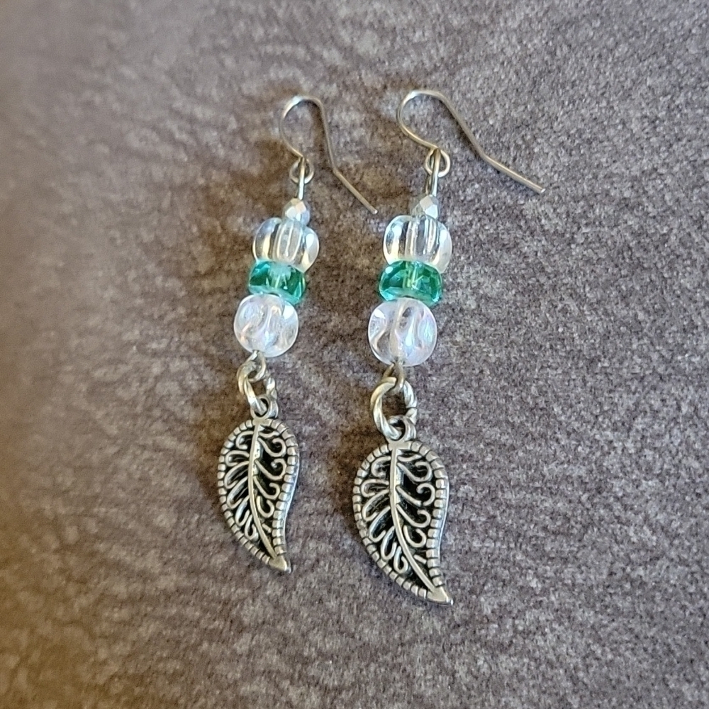 HANDMADE Czech Glass Leaf Charm Dangle Hook Earrings - Picture 2 of 6